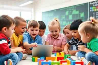 Children learning coding with blocks and tablet