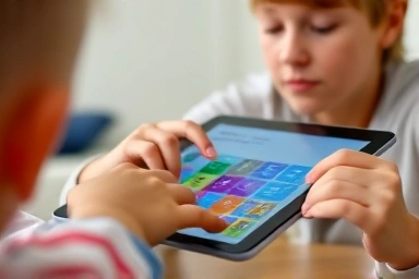 Child's hands coding on a tablet screen