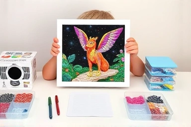 Finished diamond painting artwork and its components.