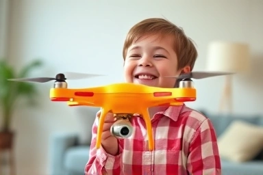 Child flying a safe, colorful educational drone indoors.