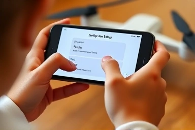 Child's hands controlling a drone via a coding app.