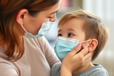 Mother adjusting child's mask for perfect fit and comfort.