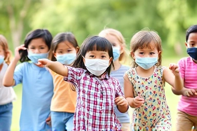 Children of different ages wearing properly fitted masks, playing happily.