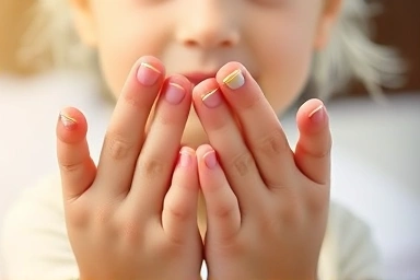 Young girl's hands with colorful, safe nail stickers.