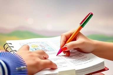 Child writing in a locked diary, creative space.
