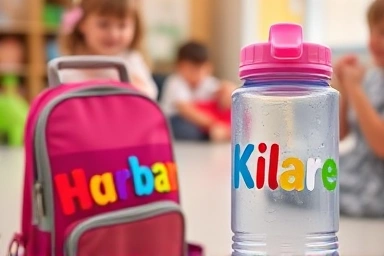 Waterproof name stickers on kids' school supplies
