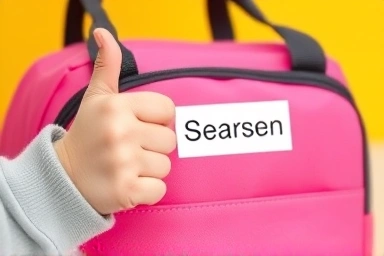 Child's hand with name sticker on belongings
