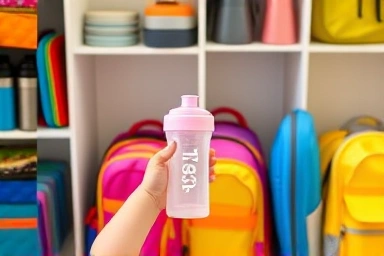 Child reaching for name sticker on kindergarten item
