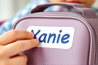 Close-up of child's name sticker on lunchbox, showing durability