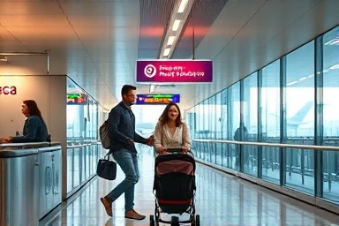 Family boarding airplane with stroller at airport gate