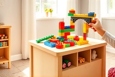 Child playing with LEGO Duplo blocks on a table with storage
