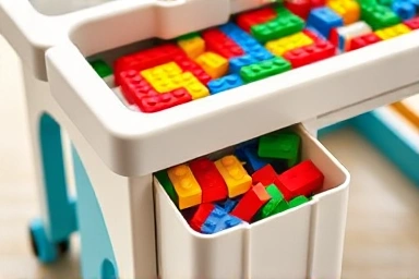 Close-up of LEGO Duplo block organizer with wheels and sorted blocks