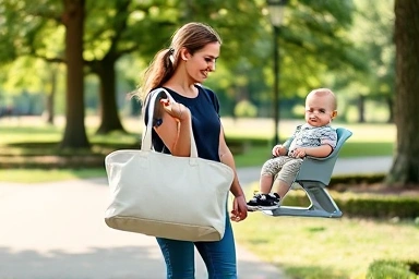 Parent easily carrying a lightweight portable baby high chair outdoors.