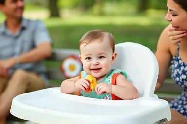 Baby enjoying a meal at a clean portable high chair during a picnic.