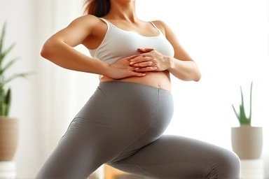 Pregnant woman in comfortable maternity leggings stretching.