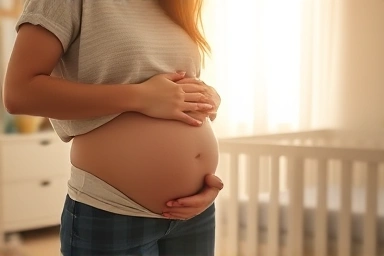 Pregnant couple anticipating baby's arrival in cozy nursery.