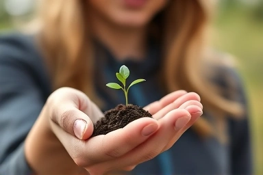 Woman's hand holding a seedling, symbolizing new beginnings.