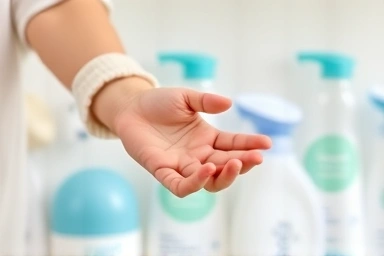 Parent holding baby's hand amidst safe, quality baby products.