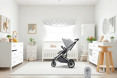 Modern nursery with diverse baby essentials and soft lighting.