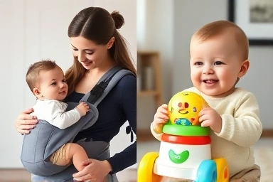 Parent-baby interaction with carrier and developmental toy.