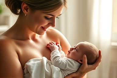 Mother holding newborn baby with love and peace