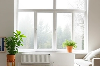 Modern living room with subtle air pollutants and a healthy plant.