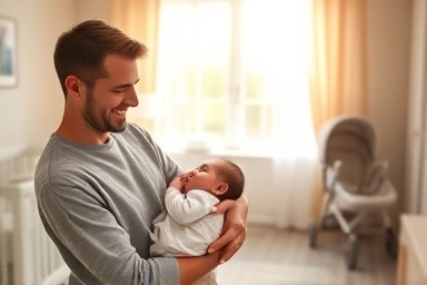 New parent holding baby in a prepared nursery