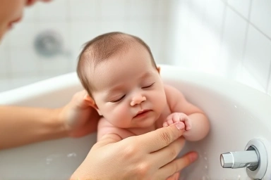 Parent gently bathing a calm newborn baby