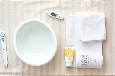 Organized newborn bath essentials laid out neatly