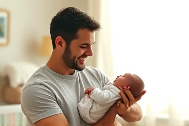 Father bonding with newborn baby in nursery