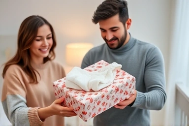 Tender moment of giving a newborn gift in a cozy nursery.
