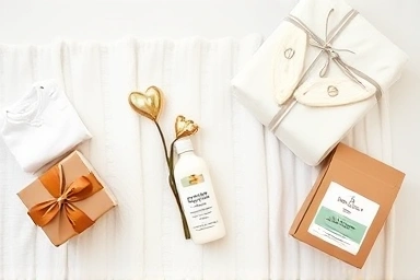 Stylish mom and baby with a thoughtful gift box.