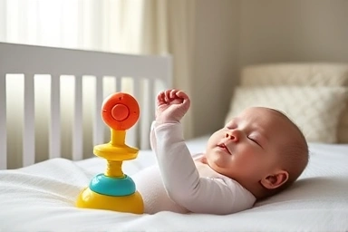 Newborn baby interacting with hearing development toy in nursery.