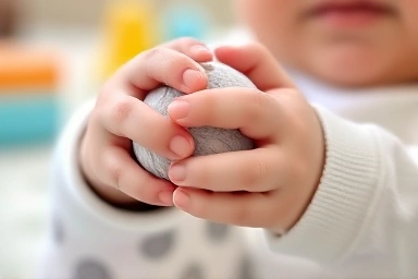 Baby's hands holding a soft, textured rattle.