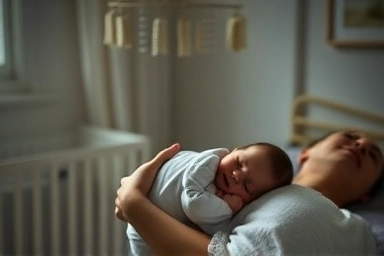 Mother comforting sleeping newborn baby in nursery.
