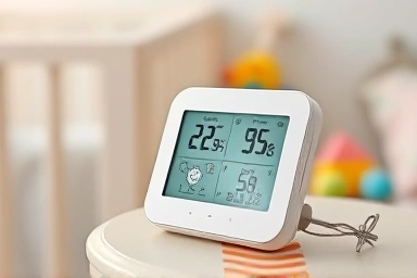 Close-up of digital thermometer and hygrometer in baby room