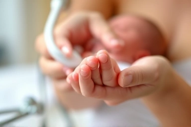 Parent holding newborn baby's hand, symbolizing care.