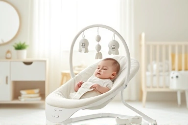 Baby resting peacefully in a modern, minimalist bouncer.