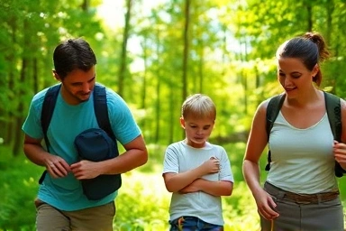 Family hiking, checking for ticks, forest safety