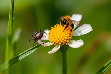Tick on grass, bee near flower, nature danger