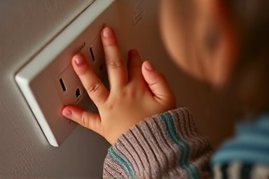 Toddler's hand reaching for electrical outlet, highlighting child safety.