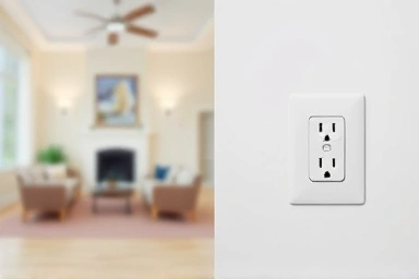 Modern living room with child-proof outlet covers installed for safety.