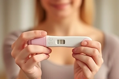 Hopeful woman holding a positive ovulation test.
