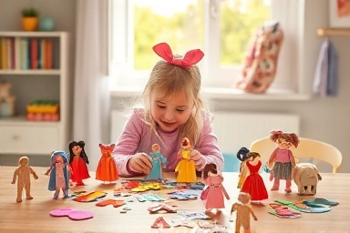 Girl happily playing with paper dolls and outfits