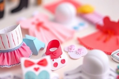 Detailed paper doll clothing and accessories, vibrant colors