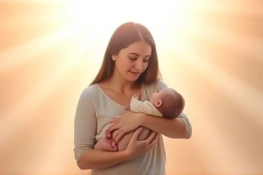 Mother and baby with hopeful light, symbolizing postpartum recovery.