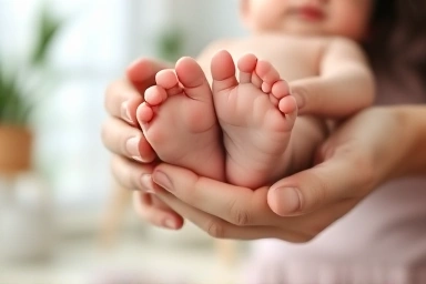 Close-up of mother's hands holding baby's feet, symbolizing maternal love.