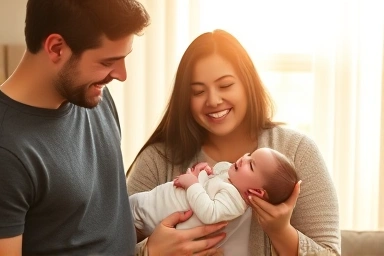 Happy parents with newborn baby, symbolizing family joy and support.