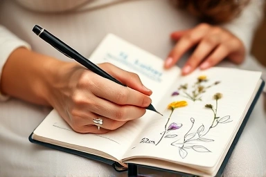 Mother's hands writing in a colorful pregnancy diary