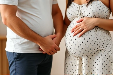 Husband and pregnant wife holding hands, showing support and love.